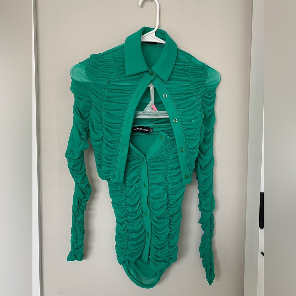 Bright Green Mesh Ruched Panel Long Sleeve Crop Top and Mini Skirt Set